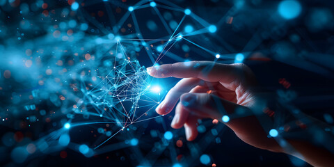 A hand touches light points in the direction of a technology network and interconnected lines. Symbolizing the concept of digital transformation, blockchain technology, and future networks.