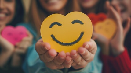 Woman holding a heart-shaped smiley face sign for Mental Health Awareness Month.