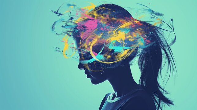 Mental Health Awareness, exhausted, depressed female abstract, face overthinking stressed combine depicting the complexity of mental health