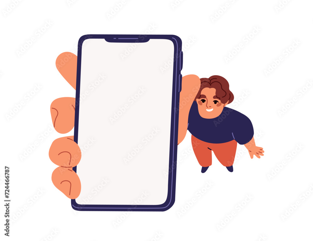 Poster smartphone screen in hand, happy man showing, recommending mobile phone. smiling user character adve