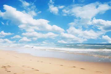 A serene sandy beach with clear footprints leading towards the calm ocean waves, Sandy beach, ocean, and a beautiful sky in the landscape view, AI Generated