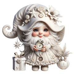 Charming illustration of gnomes in white clothes for the New Year festival. Accessorize with starry hats and seasonal decorations.