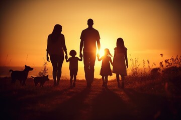 A group of people enjoys an evening walk with their loyal companion during the beautiful sunset, Silhouette of happy children with mother and father, a family at sunset on a summer day, AI Generated