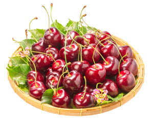 Sweet Red cherry in bamboo basket on white background, Red cherry with leaf isolate on white PNG File.