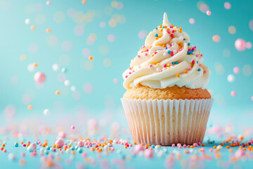 A beautiful cupcake with blue and pink toppings.