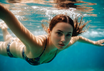 Young woman swimming underwater in the pool. Underwater portrait of a beautiful girl.