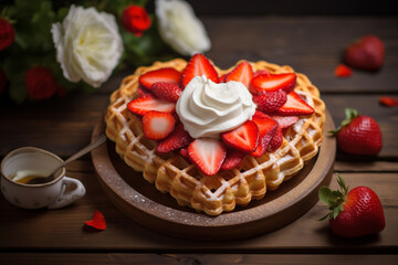 Obraz na płótnie Canvas Heart shaped waffle with strawberries and whipped cream