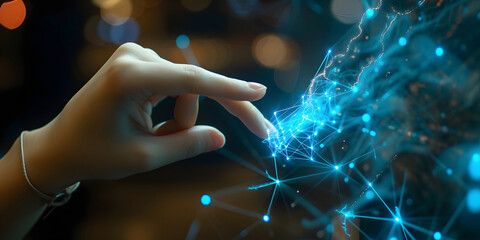A hand touches light points in the direction of a technology network and interconnected lines. Symbolizing the concept of digital transformation, blockchain technology, and future networks.