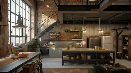 Foto op Plexiglas Industrial loft interior with brick walls, salvaged wood furniture, vintage lighting, and a kitchen featuring repurposed metal countertops and open shelving. © CraftyImago