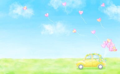 野原でハート型の風船を空に飛ばす黄色い自動車の水彩イラスト。幸せな雰囲気がいっぱいのウエディング向けイラスト。