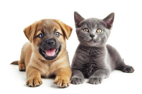 Portrait Of Bouncing, Happy Puppy And Gray Cat On White Background