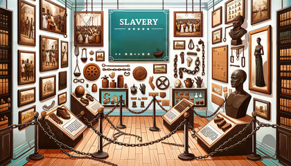 Illustration of a museum exhibit showcasing the history of slavery, with artifacts, chains, and plaques, and a sign highlighting 'International Day for the Abolition of Slavery'.