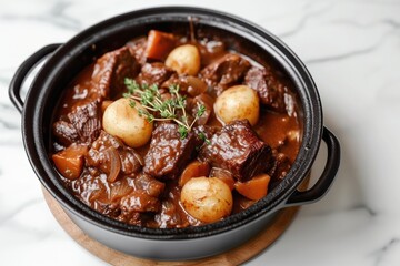 Boeuf bourguignon in pan on white marble kitchen background
