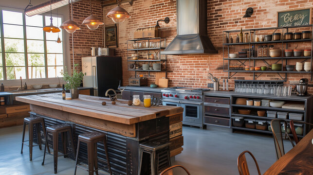 Industrial loft interior with brick walls, salvaged wood furniture, vintage lighting, and a kitchen featuring repurposed metal countertops and open shelving.