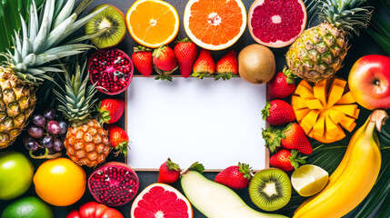 attractive background using fruits rich in vitamin B, placing a central white board for copy space