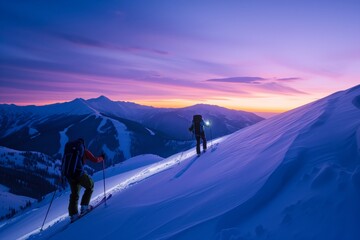 Skiers Hiking On Mountain Slope With Flashlights Under Beautiful Evening Sky