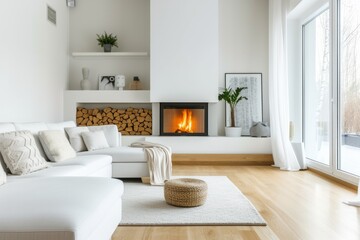 Fototapeta na wymiar Stylish Scandinavian Living Room Invites Comfort With Cozy Fireplace And White Corner Sofa