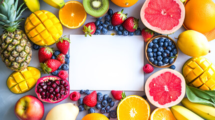 attractive background using fruits rich in vitamin B, placing a central white board for copy space - obrazy, fototapety, plakaty