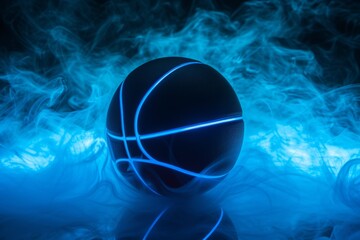 Fototapeta premium Vibrant Blue Neon Lines Illuminate Black Basketball Amidst Smoky Background