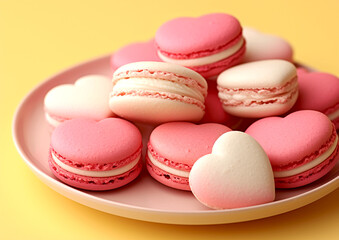 Fototapeta na wymiar heart shaped macaroons in plate on a wooden table, valentine bakery