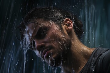 Portrait young handsome manly wet man bearded brunette guy washes shower falling water flowing over male face refreshed after workout in gym morning hygiene sad thoughtful face gloomy tones dark light - obrazy, fototapety, plakaty