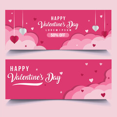 Happy Valentine's Day Sale Poster or banner with symbol of heart and valentine elements on pink and background.