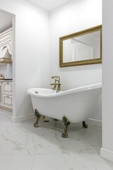 Freestanding bathtub bowl located in the hallway of the apartment, large mirror on the wall