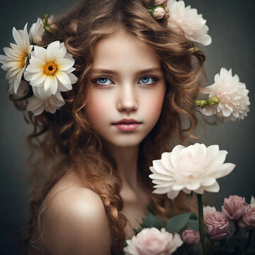 beautiful girl with flowerr currly hair and rose flowers 