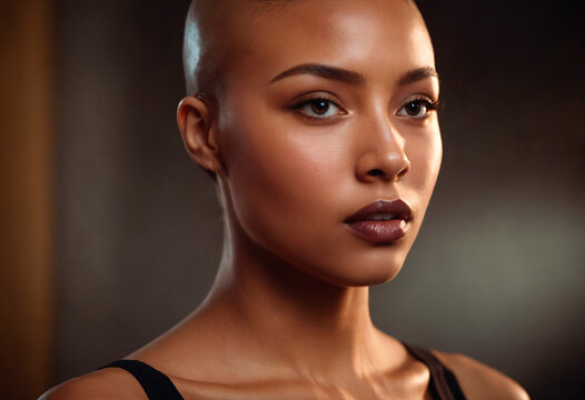 Portrait of a beautiful bald young African American woman in close-up with clean fresh skin