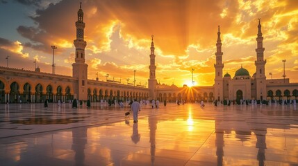 courtyard of the Prophet's Mosque in Medina at sunset, stunning golden orange color, Ai Generated Images - obrazy, fototapety, plakaty