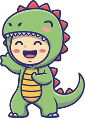 happy cartoon child in green dragon costume illustration