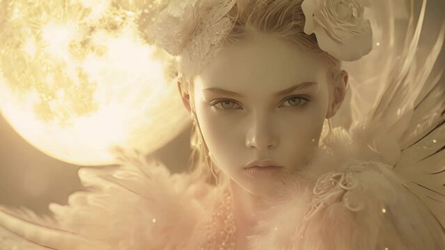 The moon casts a pale glow on the face of a gothic angel her eyes reflecting the secrets of the night and the depth of her wingspan.