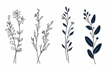 Hand drawn floral branch and minimalist flowers for logo or tattoo on white background - obrazy, fototapety, plakaty