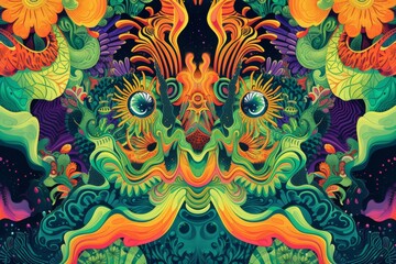 Fototapeta na wymiar A psychedelic design featuring a vibrant ecosystem thriving with the help of green technologies, full of rich colors and patterns