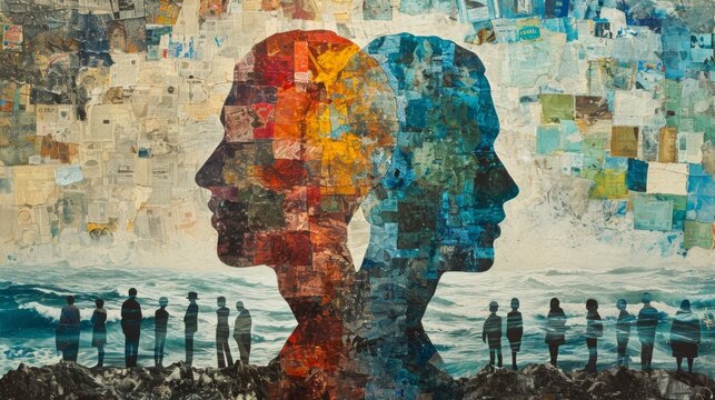 A collage of two faces with people standing in front of them, AI