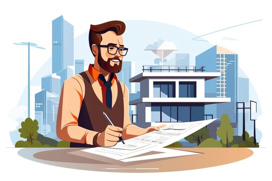 flat illustration of architect holding blueprint in front of construction building