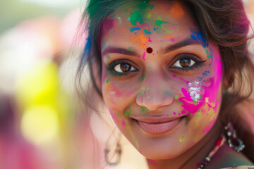 Beautiful young Indian woman with her face painted during the Holi festival in India