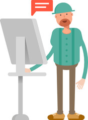 Beard Man Character Working on Computer
