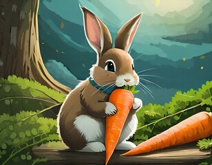 Rabbit, bunny eating a carrot, cute illustrated