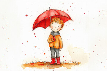 Ginger hair  smal boy in red boots and with umbrella. Watercolor illustration. Children's day