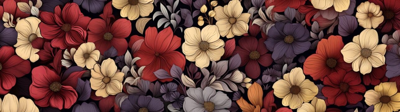 Dark Tropical exotic illustration with flowers. Nature panorama background