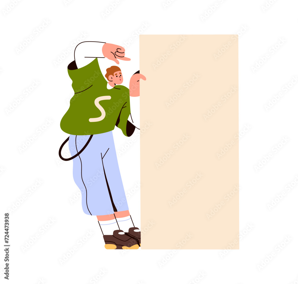 Poster Surprised character showing blank paper, pointing with finger at vertical advertisement banner. Amazed excited young man advertising something. Flat vector illustration isolated on white background