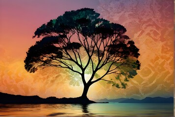 tree sunset background near of river