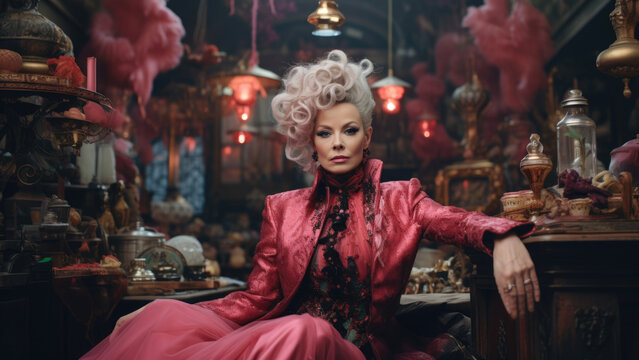 Elegant Era Echo: Portrait of an Aristocratic Woman in a Pink Dress, Nostalgic of Fashion from Past Centuries