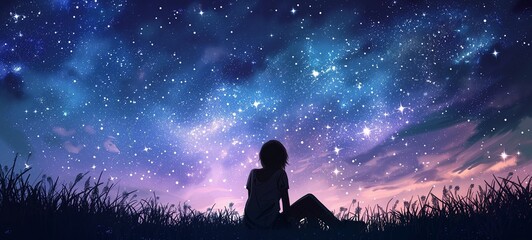 Anime-style illustration of a girl sitting peacefully under a twilight sky, enveloped by a radiant tapestry of stars and the vast cosmos. - obrazy, fototapety, plakaty