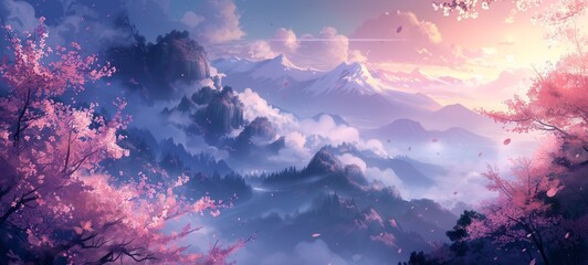 Enchanting anime landscape with cherry blossoms framing a misty sunrise, casting a serene glow over tranquil mountains and valleys.