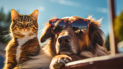 Beachside Bliss: A Canine and Feline Pair in Sunglasses Soaking Up Summer Sunshine by the Sea