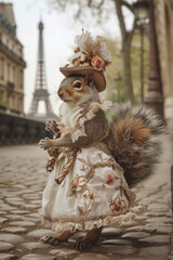 Fototapeta na wymiar A whimsical squirrel dons exquisite 18th-century French fashion