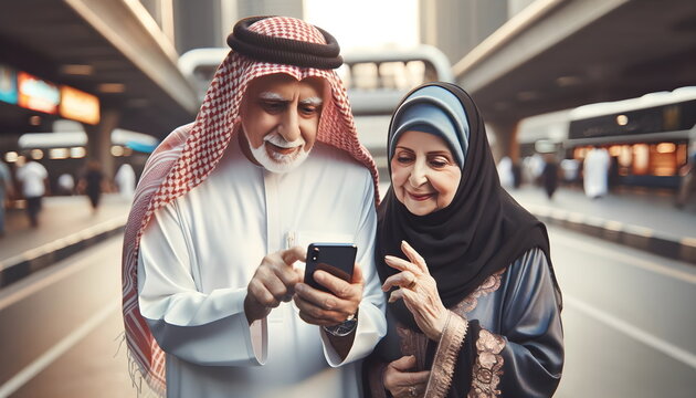 Arabian Senior Couple Use Mobile Phone On City Street