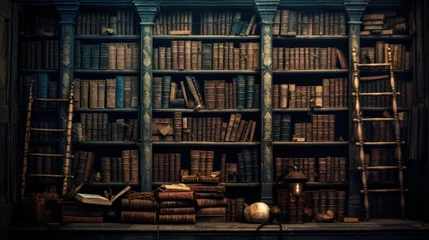 Foto op Plexiglas Wall adorned with rows of old ancient books in a library. © crazyass